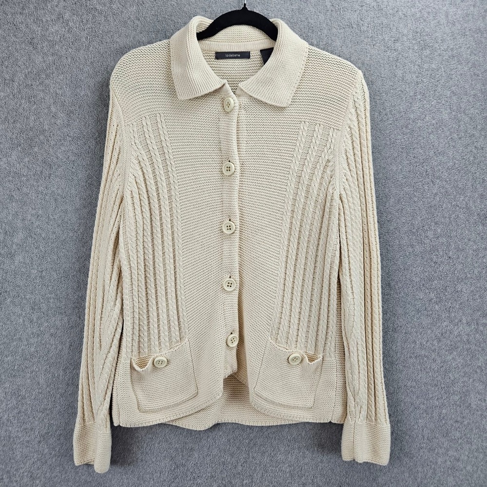 LIZ CLAIBORNE | Cream Cable Knit Button Front Cardigan Sweater Collared Large